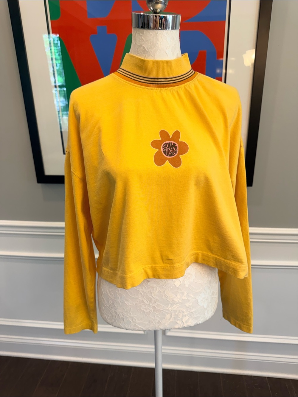 Quiksilver Women's 90s Crop LS Fit Yellow Graphic Mock Neck Long Sleeve Shirt